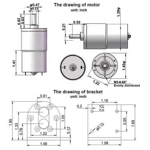 Technical drawing of 12V Micro Gear Motor With 37mm Diameter Gearbox And Mounting Bracket 20 RPM No Load Speed Beefy Torque Geared Motor.