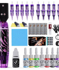 Wireless Tattoo Pen Kit For Beginners With 10 Needles And 7 Ink Colors, Cordless Tattoo Machine Kit, complete supplies display