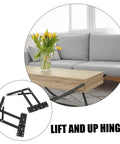 HOLIDYOYO heavy-duty lift-up hinge pair installed on wooden drop-leaf table with black metal hinges.