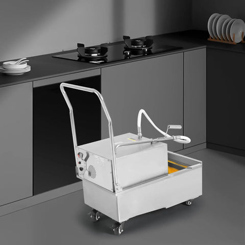 Heavy Duty Commercial Fryer Oil Filter System With Slick 550W Motor And 110V Power Plus Spacious Stainless Steel Tank in kitchen.