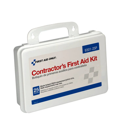 Contractor's First Aid Kit, 25-person, white plastic case with carry handle.