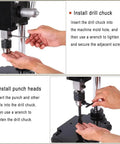Installation guide for Heavy Duty Leather Hole Puncher including drill chuck and punch heads assembly with manual tools.