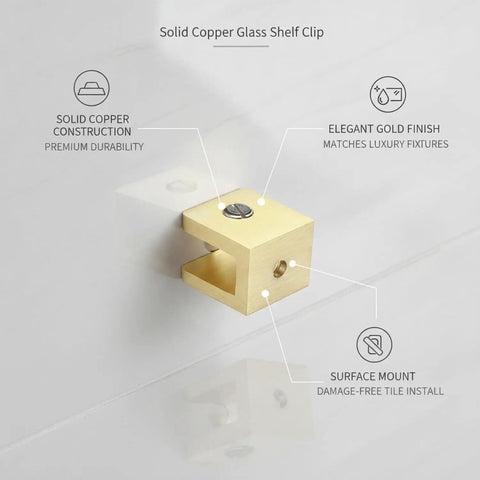 Solid Copper Glass Shelf Clip Surface Mount Bracket For Bathroom Tile Walls And Backsplash Holds Glass Panels, gold finish