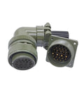 Side view of MIL-C circular connector pair, 28-pin plug and receptacle, olive-drab metal housing.