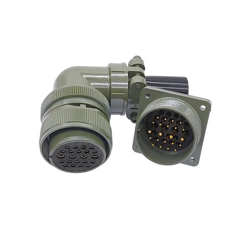 Side view of MIL-C circular connector pair, 28-pin plug and receptacle, olive-drab metal housing.