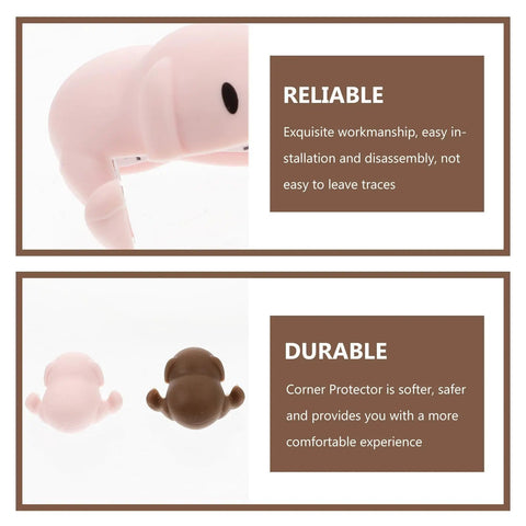 Close-up of pink and brown silicone animal corner protectors for furniture edges, promoting safety and easy installation.