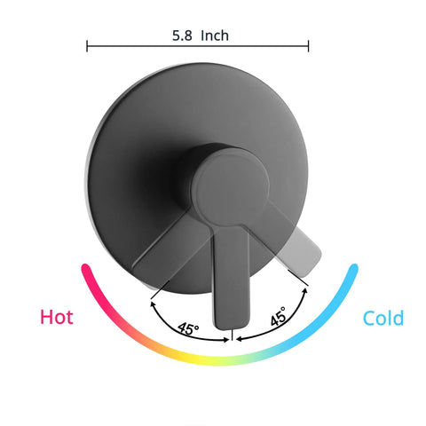 Matte Black Shower Valve Handle Kit for Wall Mount Rough-In Tub Shower Control Valves showcasing handle rotation and dimensions.
