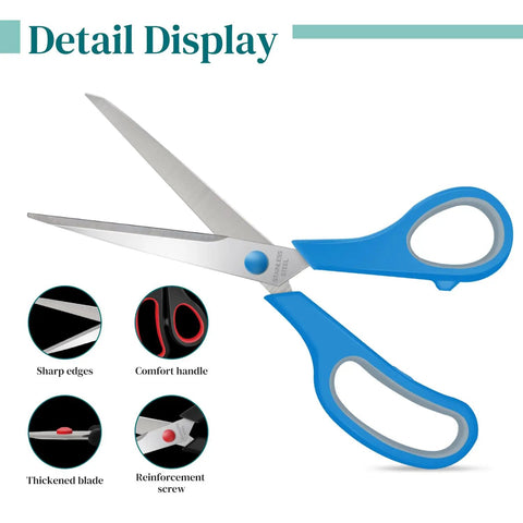 24 Pack 8 Inch Heavy Duty Craft Scissors Bulk Multipurpose Stainless Steel Shears For Home Office School Supplies With Colorful Handles Black Purple Red Blue Yellow Green Ideal For Crafts Sewing And Scrapbooking, blue handle detail display