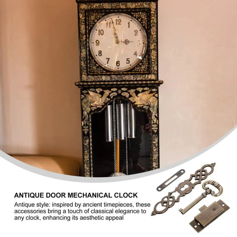 Old School Antique Clock Hardware Kit With Door Key Hinges And Cylinder for vintage clock restoration projects.