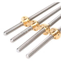 Heavy Duty T8 Trapezoidal Lead Screw Set With Premium Copper Nut For 3D Printers Cnc Engravers And Stepper Motor Rails showcasing four metal shafts with bronze nuts.