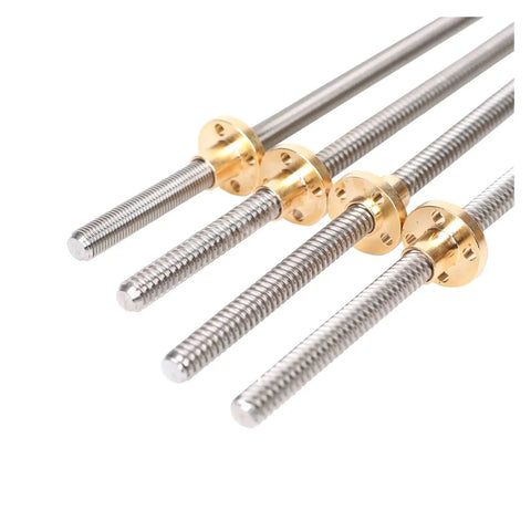 Heavy Duty T8 Trapezoidal Lead Screw Set With Premium Copper Nut For 3D Printers Cnc Engravers And Stepper Motor Rails showcasing four metal shafts with bronze nuts.