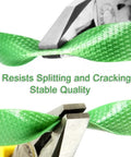 Heavy Duty Polyester PET Strapping Rolls For Packaging And Bundling, Green PET Strapping close-up with pliers, burr-free edges.