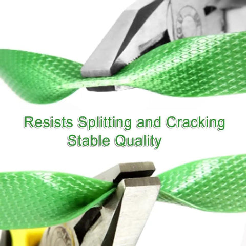 Heavy Duty Polyester PET Strapping Rolls For Packaging And Bundling, Green PET Strapping close-up with pliers, burr-free edges.