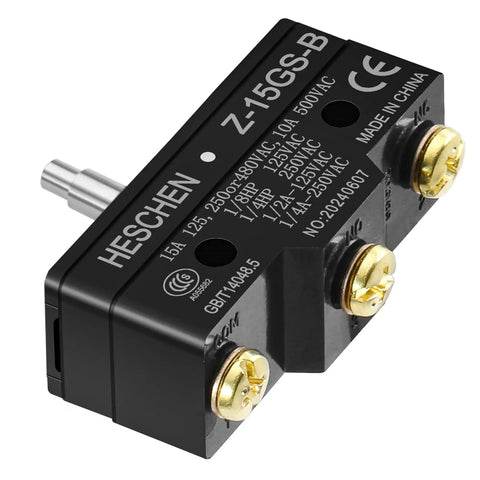 Micro Switch Z 15GS B Slim Spring Plunger Three Terminal 15A Rated Current Momentary Action Built Tough, black housing, close-up view