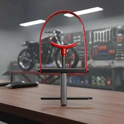Professional Grade Premium Steel Motorcycle Clutch Spring Compressor Tool Kit with T screw grip on a workbench.