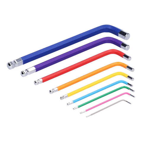 Top Tier 9 Piece Chrome Vanadium Hex Key Wrench Set with Textured Non Slip Grip For Tough Maintenance, Assembly Jobs At Home or Garage, Ball Flat Ends, Color Coded L Keys To Tackle Any Bolt. Color-coded chrome vanadium hex key set with ball ends