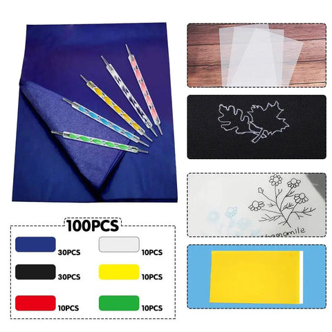 Must Have All In One Carbon Transfer Paper Kit Packed With 100 Sheets In Black Blue Red Yellow Green Plus Translucent Tracing Paper And 5 Dual End Embossing Styluses For Wood Paper Canvas And More 8.3 X 11.7 Inch. Image shows various colored sheets, translucent tracing paper, styluses, and craft designs.