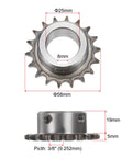 Roller Chain Sprocket 18 Tooth B Type 25mm Bore Three Eighths Inch Pitch A3 Steel Hardened Teeth Built Tough. Top and side view with dimensions shown.