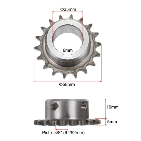 Roller Chain Sprocket 18 Tooth B Type 25mm Bore Three Eighths Inch Pitch A3 Steel Hardened Teeth Built Tough. Top and side view with dimensions shown.