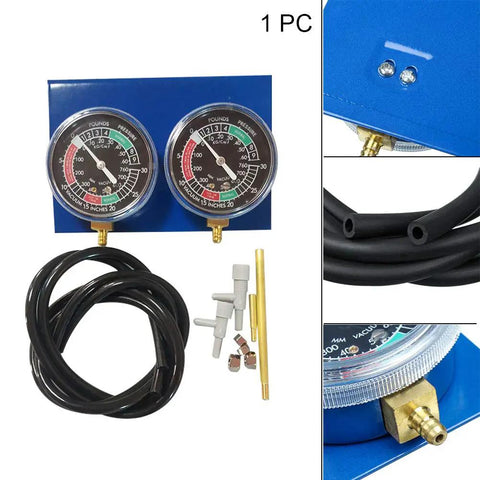 Dual Vacuum Gauge Balancer Kit for 2 Cylinder Motorcycle Carburetors, DIY At Home Balancing With Hoses, Connectors, And Brass Extensions, Improves Throttle Response, Power, Fuel Economy, Smooth Ride, blue gauges with hoses