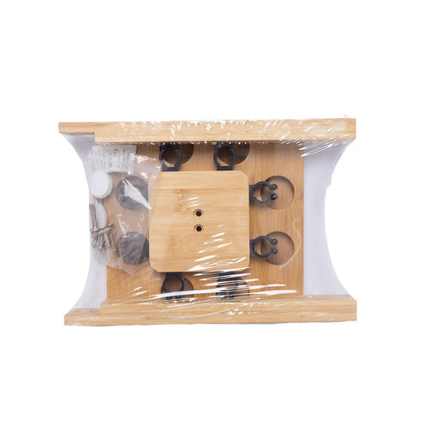 Packaged Eight Rod Floor Stand For Fishing Poles Bamboo Base Storage Rack With Soft Ring Protectors, components visible