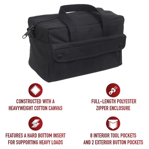 Heavy Duty Mechanic Tool Bag With Zip Main Compartment 8 Interior Pockets And 2 Exterior Snap Pockets Rugged Black Gear Organizer