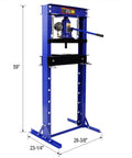 SRECELL 20-ton hydraulic shop press with gauge, blue H-frame, front view, 59 inches tall