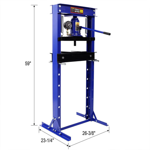 SRECELL 20-ton hydraulic shop press with gauge, blue H-frame, front view, 59 inches tall