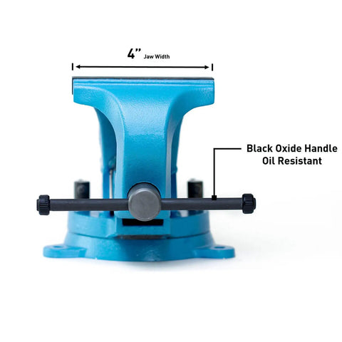 Front view of Ultimate Grip 4-Inch Bench Vise With 360 Degree Swivel Base, 90,000 PSI Forged Steel, with 4-inch jaw width