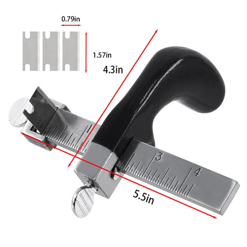 Leather Strap Cutter With Adjustable Blade And Three Blades, Aluminum Handle With Non Slip Grip, Hat Brim Cutter, shown with ruler