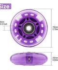 Purple Flashing 70mm Inline Skate Wheels Set with LED, size details for kids and beginners, 8 Pack LED Light Up Wheels.