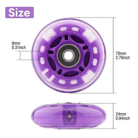 Purple Flashing 70mm Inline Skate Wheels Set with LED, size details for kids and beginners, 8 Pack LED Light Up Wheels.