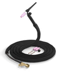 Fresh Flex Head TIG Torch WP-17FV Gas Valve Air-Cooled With 3/8 Inch Connection For Long Haul Welding Sessions And Standard Consumables showing a bent black cable with pink nozzle.