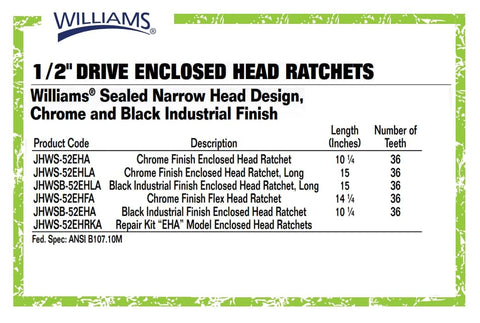 Product specifications chart for 1/2 inch drive enclosed head ratchets with chrome and black finish, 36-tooth gear, various lengths.