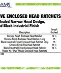 Label for 1/2 inch drive enclosed head ratchets, showing product codes, lengths, and 36-tooth gear specifications.