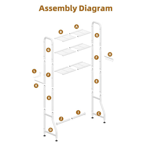 Assembly diagram of Over The Toilet Storage Rack With 3 Tier Metal Organizer Free Standing Bathroom Shelves Paper Holder And 3 Hooks Space Saving Bathroom Shelf Above Toilet White