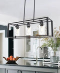 Farmhouse Black Lantern Pendant Chandelier With Seeded Glass, 3 Light Modern Dining Room Kitchen Island Lighting, adjustable height