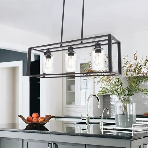 Farmhouse Black Lantern Pendant Chandelier With Seeded Glass, 3 Light Modern Dining Room Kitchen Island Lighting, adjustable height