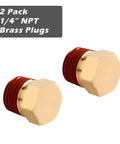Two solid brass hex head plugs from the Five Piece Quarter Inch Compressor Air Tank Fittings Kit With Winged Drain Valve.