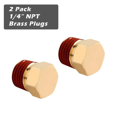 Two solid brass hex head plugs from the Five Piece Quarter Inch Compressor Air Tank Fittings Kit With Winged Drain Valve.