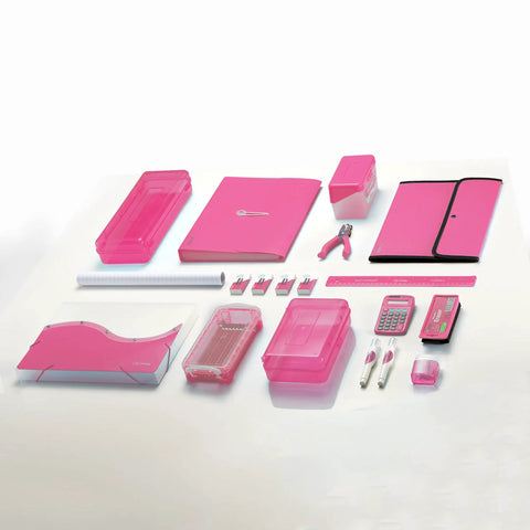 Metal Single Hole Punch For Paper And Crafts With Soft Grip Handles, Pink Quarter Inch Hole Puncher surrounded by pink office supplies.