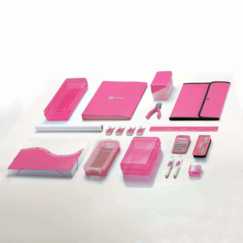 Pink office supplies set including folders, a calculator, stapler, and a 3 Hole Punch For Papers And Binders, Portable 3 Ring Hole Punch.