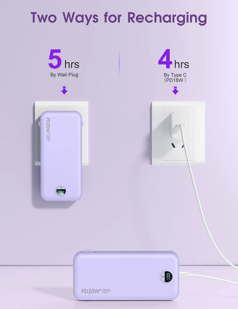 Dope 10000mAh Portable Charger With Built In Cables And Wall Plug PD20W Fast Charging Power Bank for iPhone Samsung showing two recharging methods.