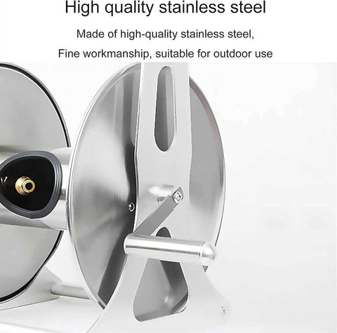 Close-up of Heavy Duty Badass Retractable Hose Cart Stainless Steel Garden Hose Reel showing the stainless steel drum and handle.