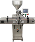 Badass Auto Liquid Filling Machine With Single Head Servo Pump And Steel Conveyor Belt For Viscous Sauces Honey Jam Bottling Shop Grade No Fuss 110V Rig, with stainless steel funnel and control panel.