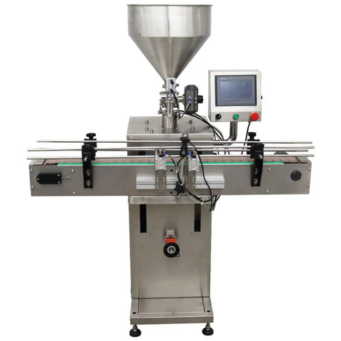 Badass Auto Liquid Filling Machine With Single Head Servo Pump And Steel Conveyor Belt For Viscous Sauces Honey Jam Bottling Shop Grade No Fuss 110V Rig, with stainless steel funnel and control panel.