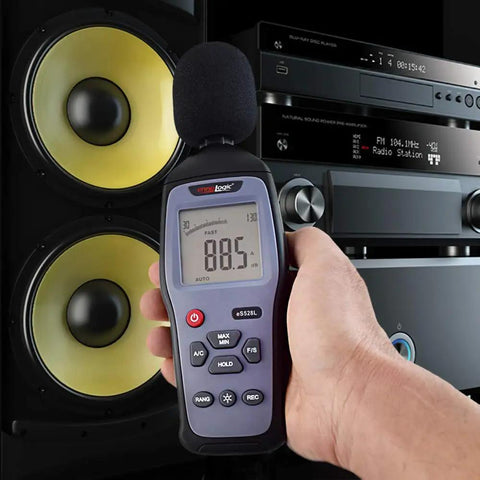 Digital Sound Level Meter And Noise Logger For Work And Home, Measures 30 To 130 dBA With 1.5 dB Accuracy, display reading 88.5 dBA.