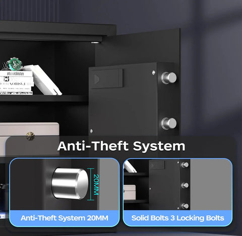 Beefy 1.7 Cubic Feet Digital Safe With Keypad And Override Keys, anti-theft system, heavy duty steel, interior view with shelves