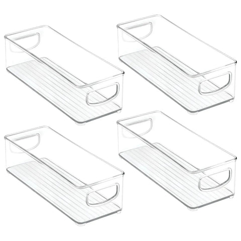 Clear Plastic Bathroom Storage Bins With Handles Set Of 4 for Closet Cabinet Vanity Organizing Hair Tools Accessories Easy Grab Bins 4x10x3 Inches