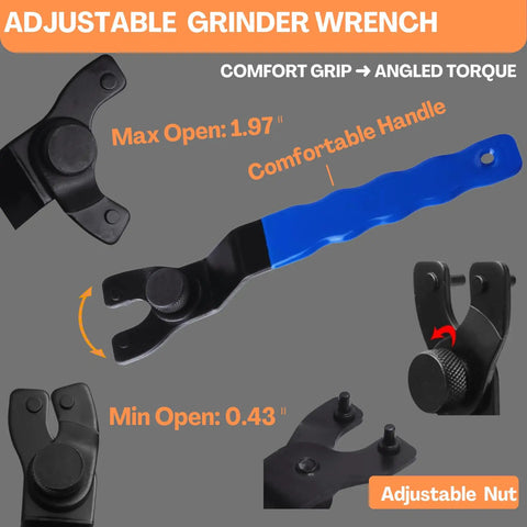 Universal Angle Grinder Wrench And Nut Kit 5 Pcs Set for quick nut removal with adjustable grip for 4.5 5 and 7 inch grinders